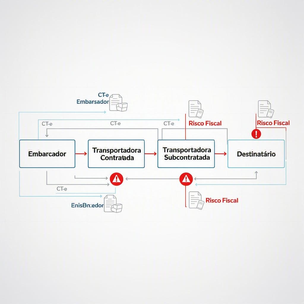 Fluxo de transporte com transportadora contratante, subcontratada e destinatário final.