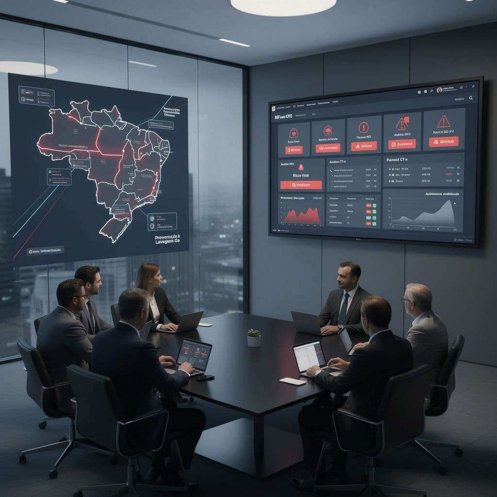 Painel de compliance analisando NF-e e CT-e com alertas de risco anti-lavagem