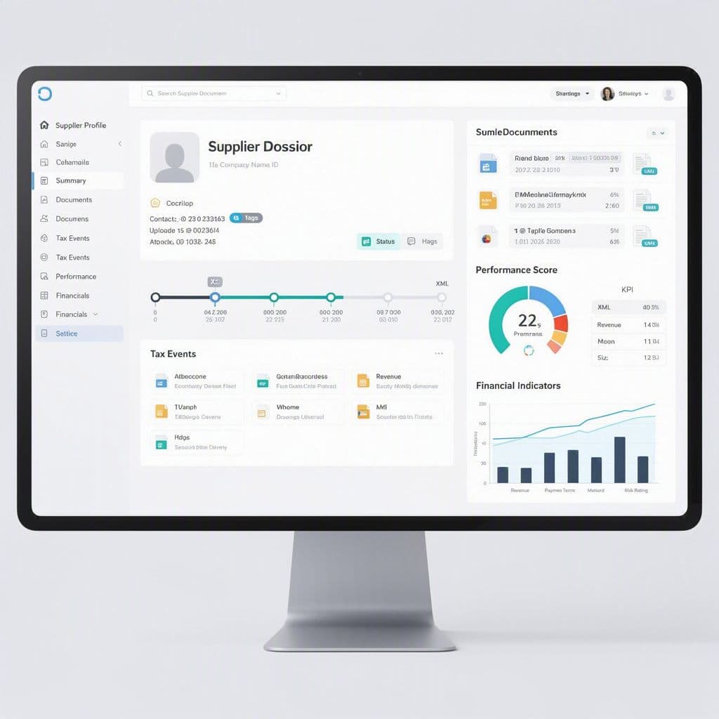 Dossiê digital de fornecedor com XMLs, eventos fiscais e indicadores de desempenho