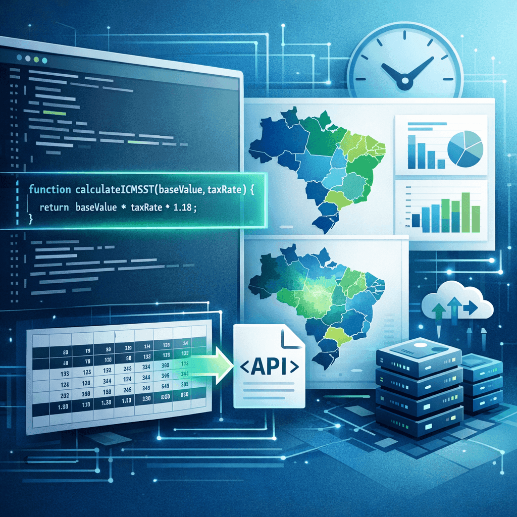 Tela de código calculando ICMS/ST por API com mapa tributário do Brasil ao fundo
