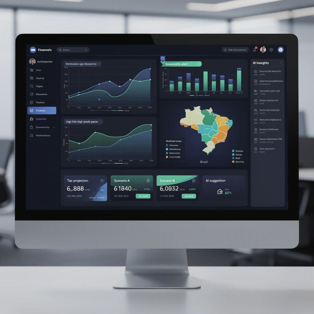 Dashboard com IA ajustando projeções fiscais e destacando sazonalidade e mudanças regulatórias