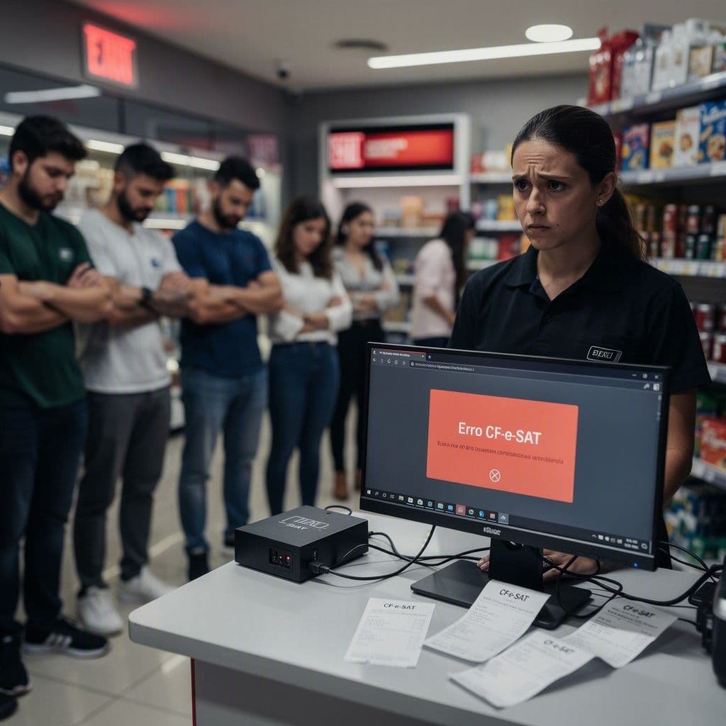 Operador de caixa em loja de varejo com PDV travado por erro de CF-e-SAT e fila de clientes aguardando