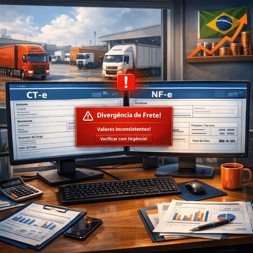 Gestor de frota analisando divergências entre CT-e e NF-e para evitar subfaturamento de frete