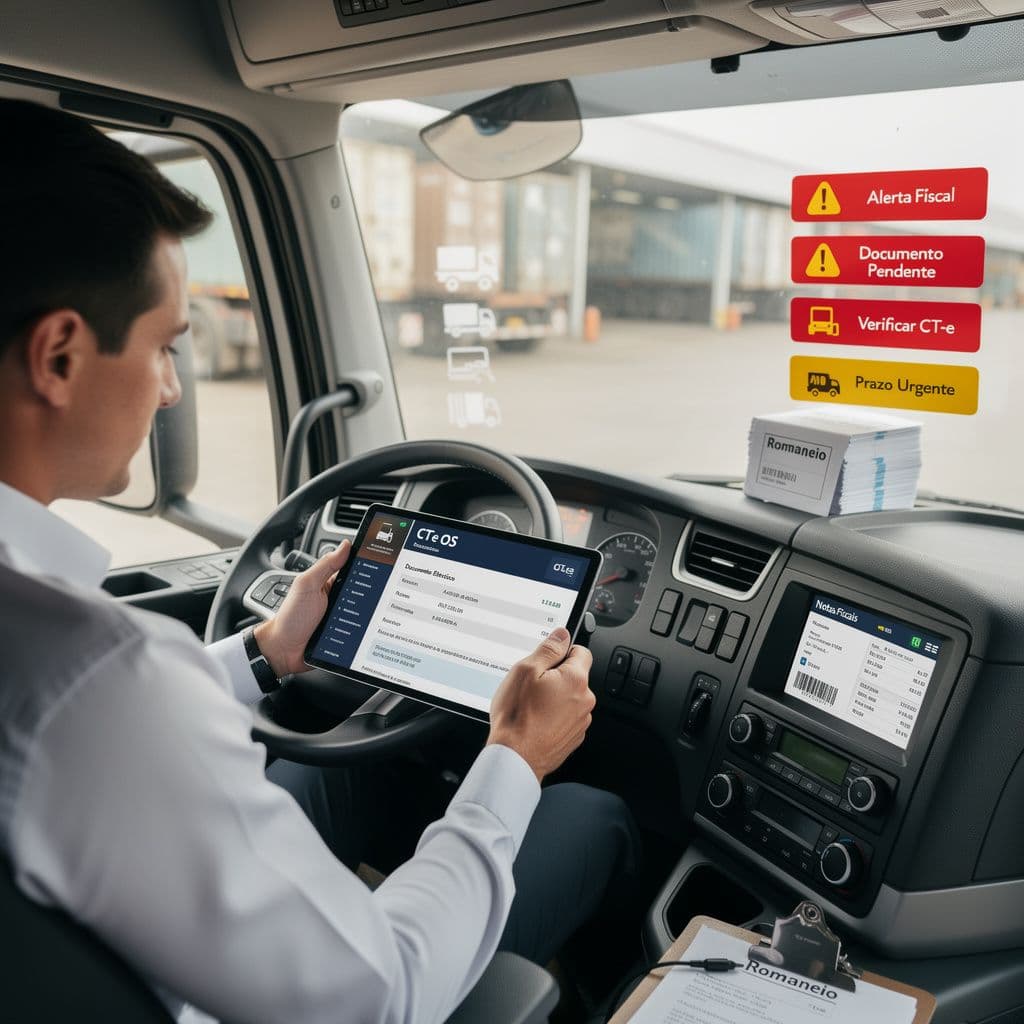Prestador de transporte analisando CT-e OS com alertas de erro e pagamento de frete travado