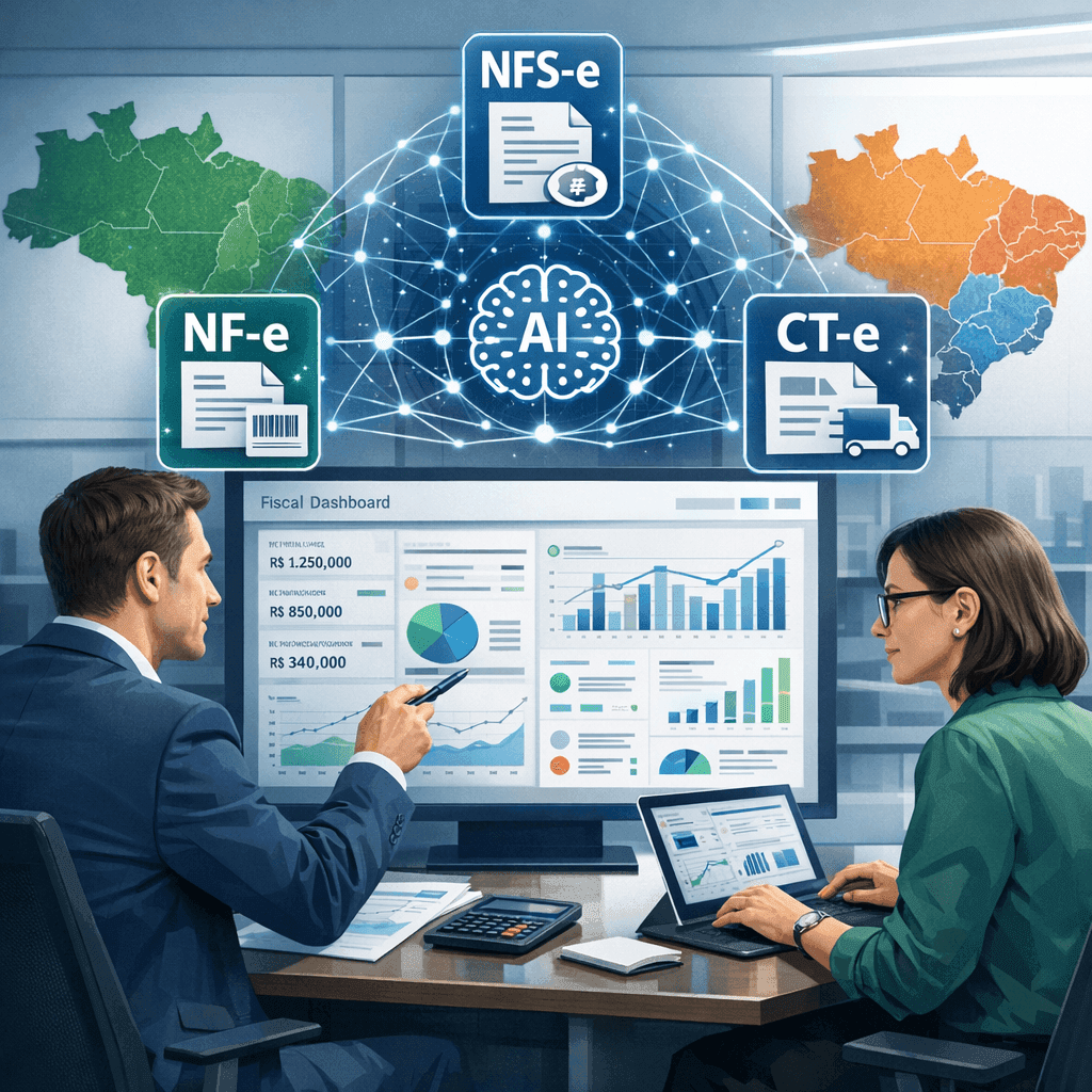 Gestores analisando dashboard fiscal com IA unificando NF-e, NFS-e e CT-e em operações multirregionais