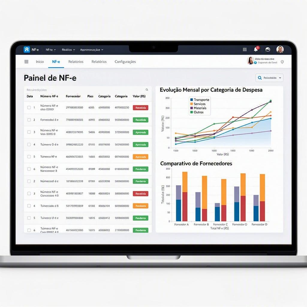 Dashboard com notas fiscais e gráficos de aumento de custos por categoria
