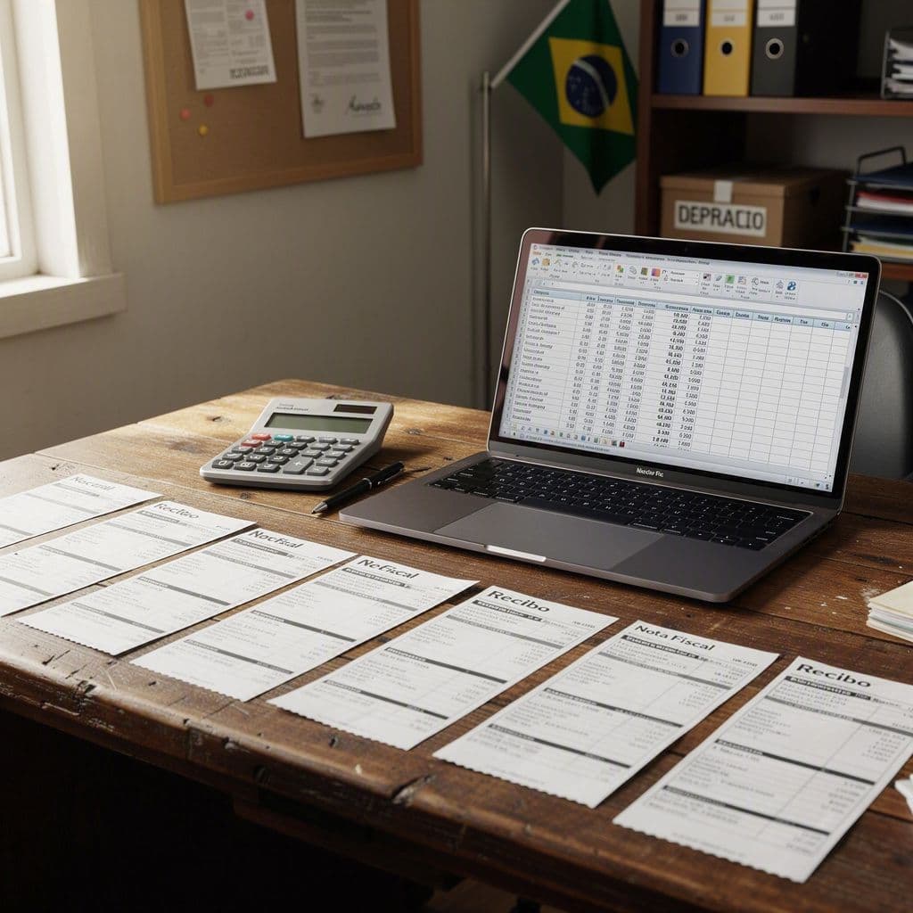 Mesa com recibos, notas fiscais e calculadora ao lado de notebook com tela de imposto de renda