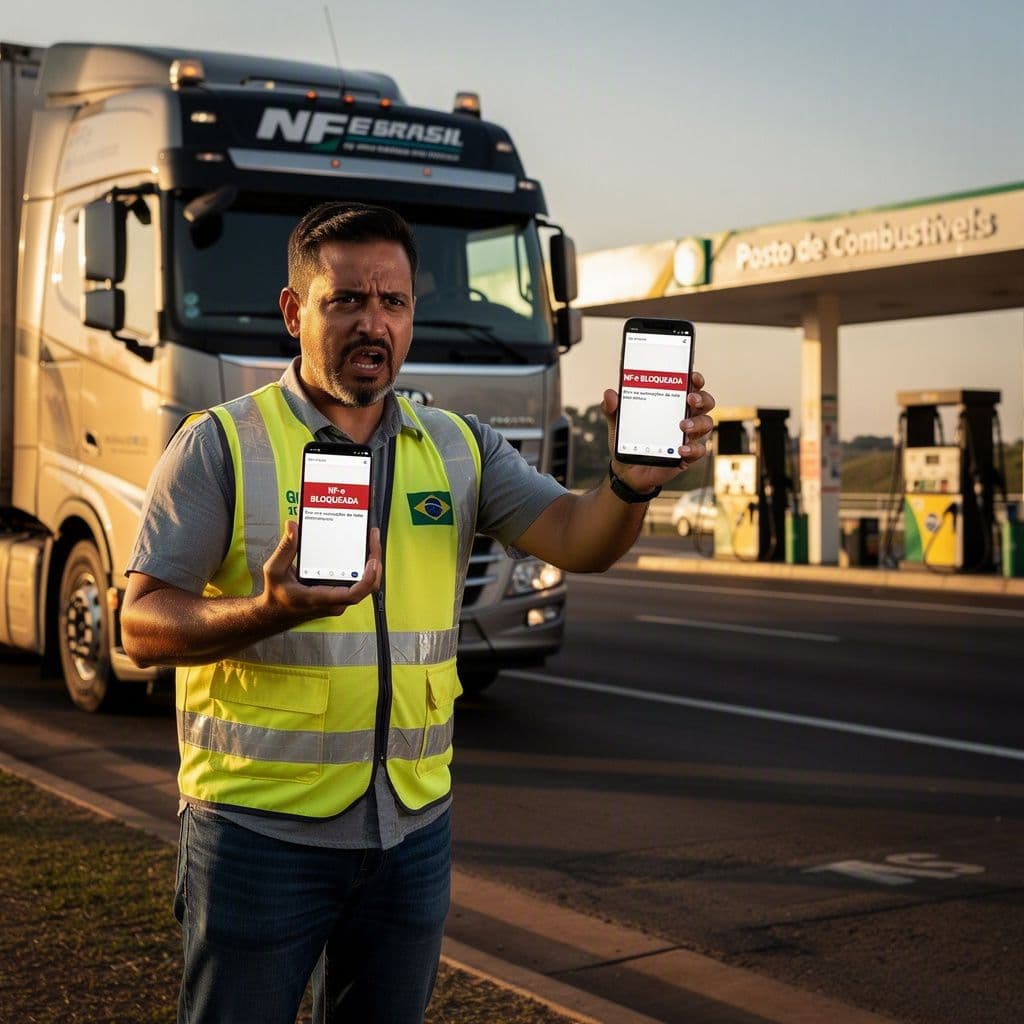 Motorista de caminhão consultando NF-e no celular com sinal de bloqueio enquanto aguarda liberação