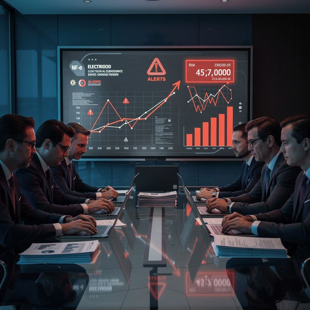 Executivos analisando riscos ocultos em NF-e durante due diligence de fusão e aquisição