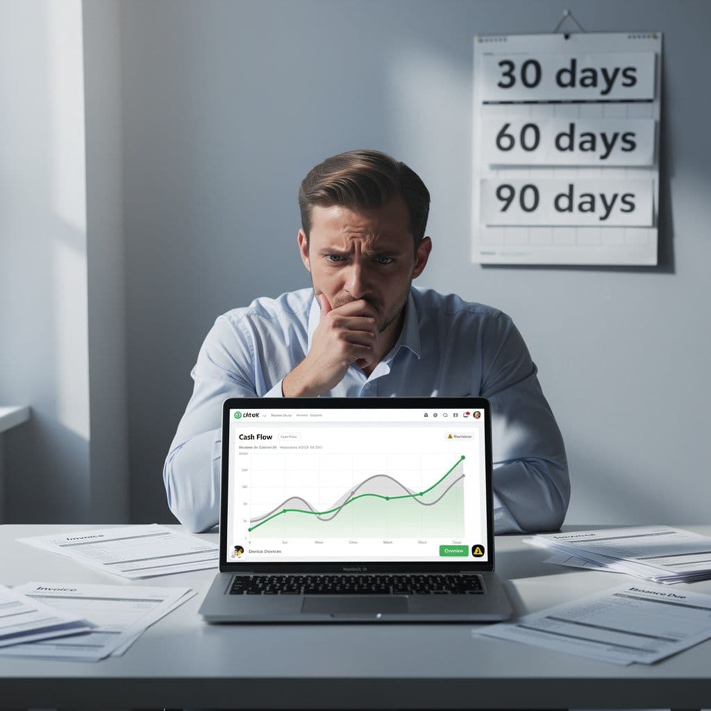 Microempresário analisando fluxo de caixa com notas fiscais e prazos longos no notebook