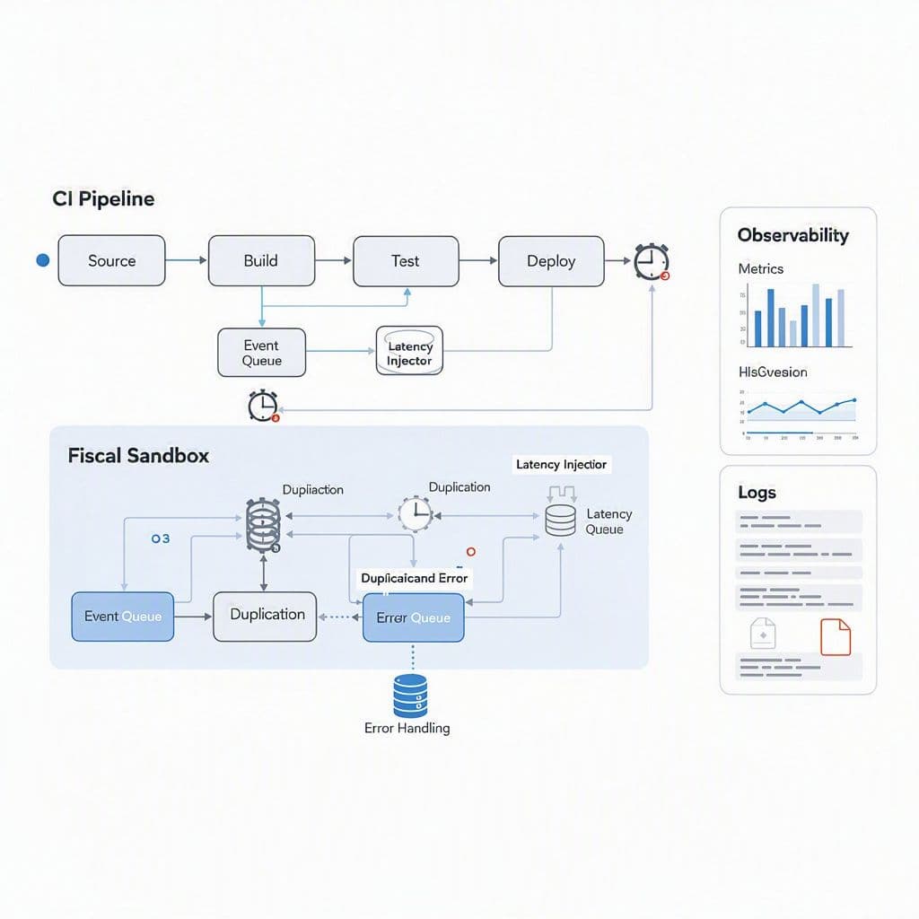 Diagrama de arquitetura com injetores de falha, filas fiscais e monitoramento
