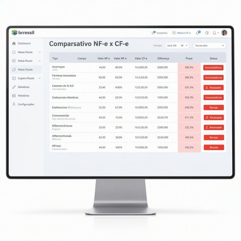 Painel comparando validações de NF-e e CF-e com alertas de risco