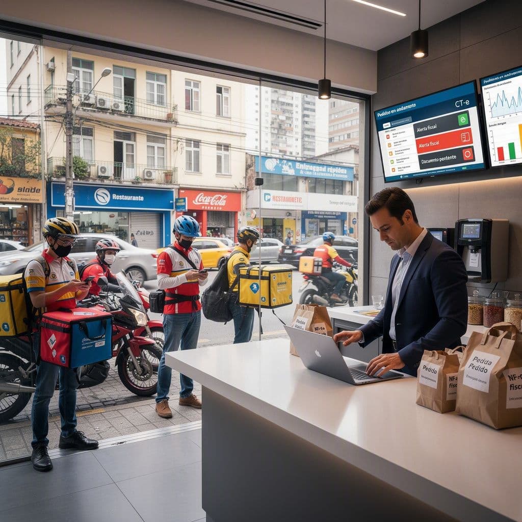 Operação de delivery no pico com alertas fiscais de CT-e e NF-e em painel