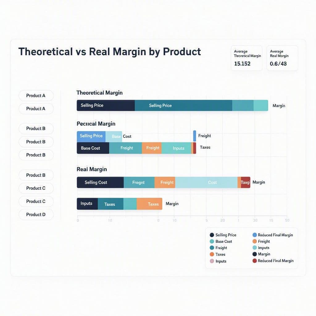 Comparação entre margem teórica e margem real por produto