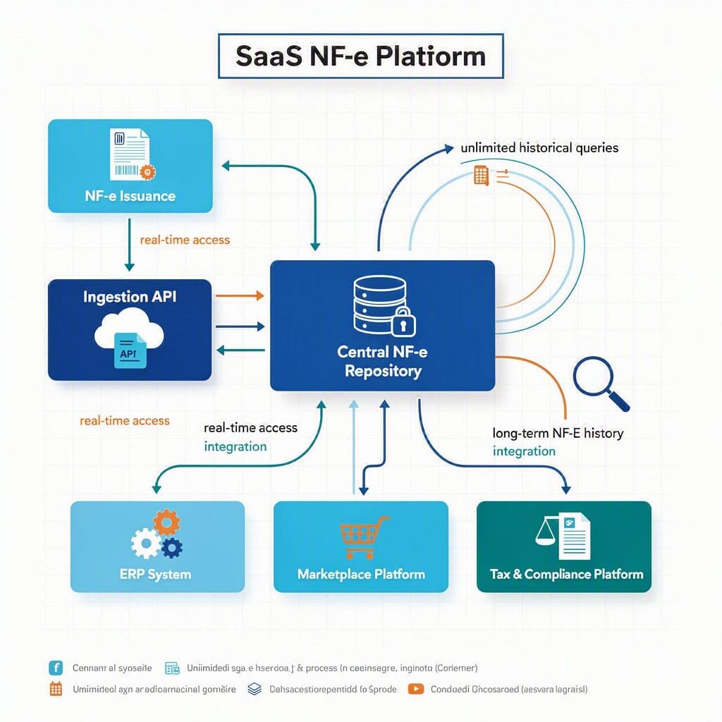 Fluxo entre emissão de NF-e, envio para repositório central e consulta por múltiplos sistemas