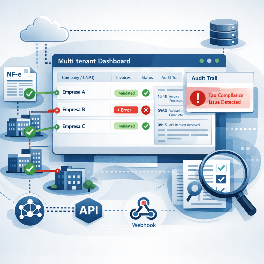Dashboard ilustrado mostrando roteamento de NF-e entre múltiplos CNPJs e tenants em uma plataforma SaaS
