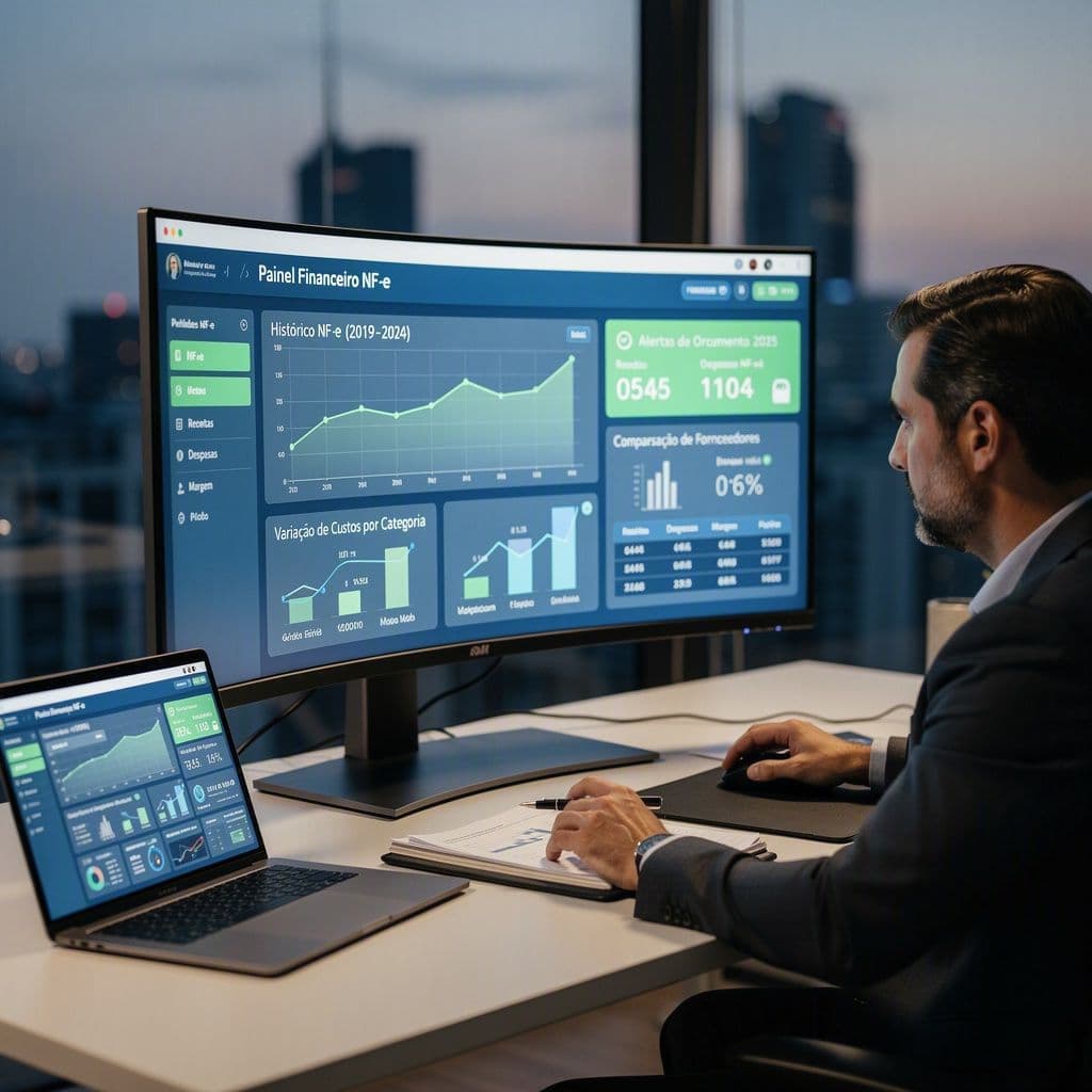 Gestor financeiro analisando histórico de NF-e para prever gastos inflados no orçamento 2025