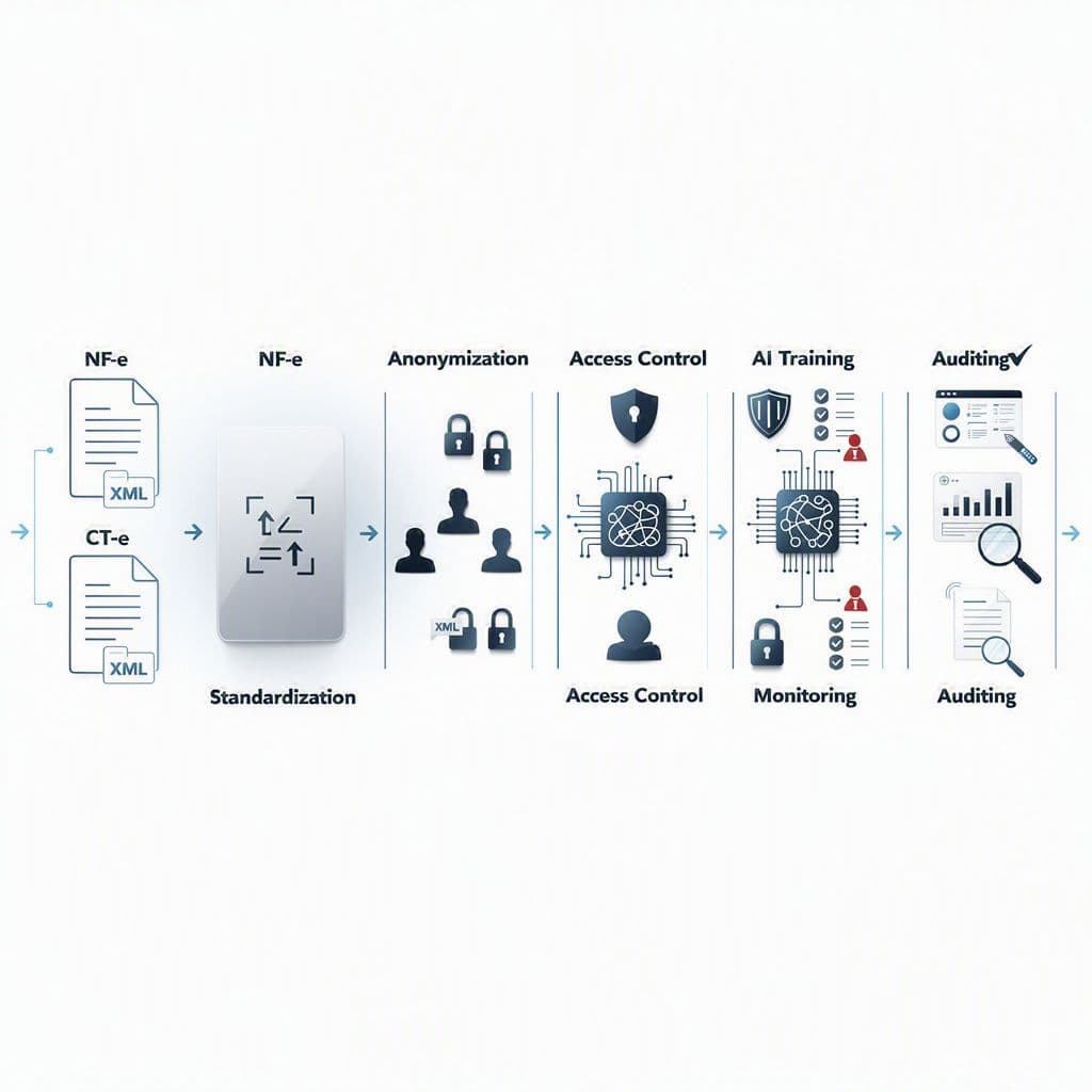 Fluxo visual mostrando dados fiscais entrando em um modelo de IA com pontos de controle de compliance