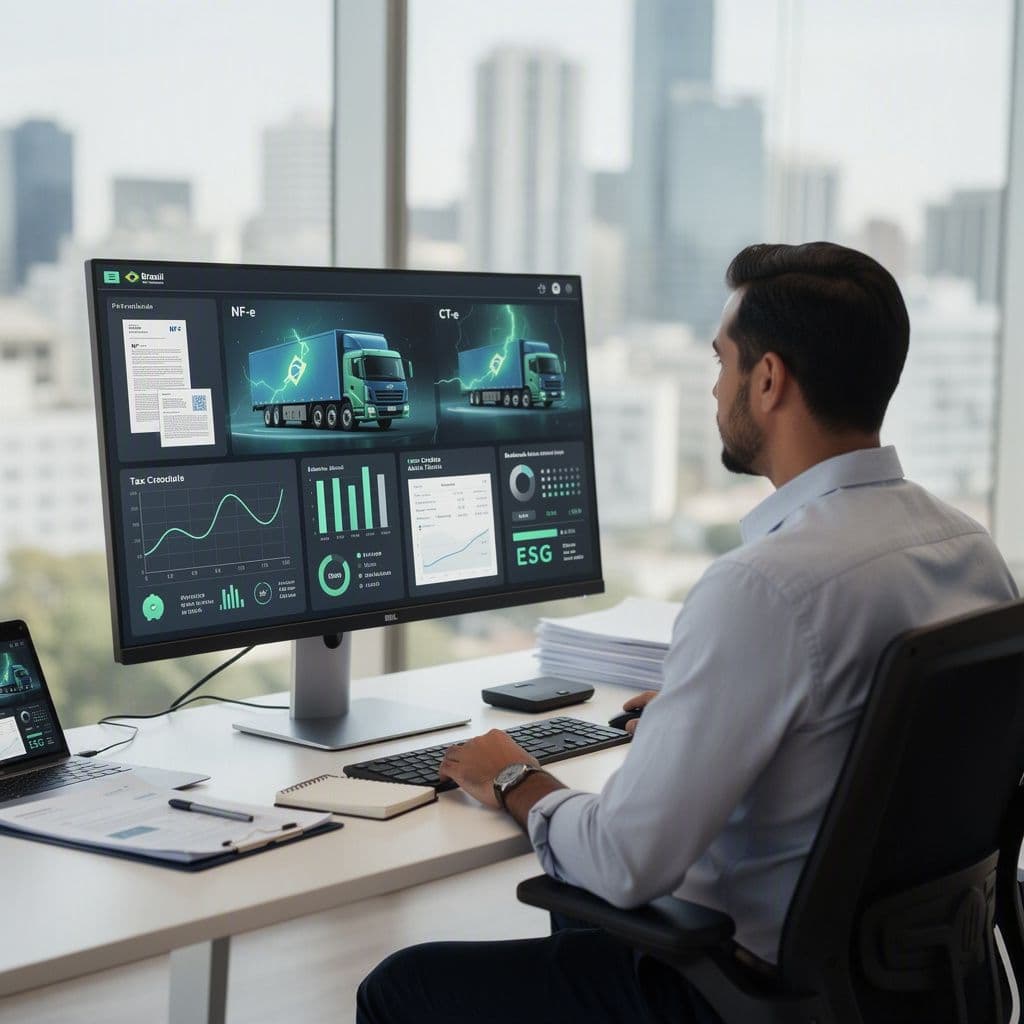 Gestor de logística analisando notas fiscais e indicadores de frota elétrica em dashboard