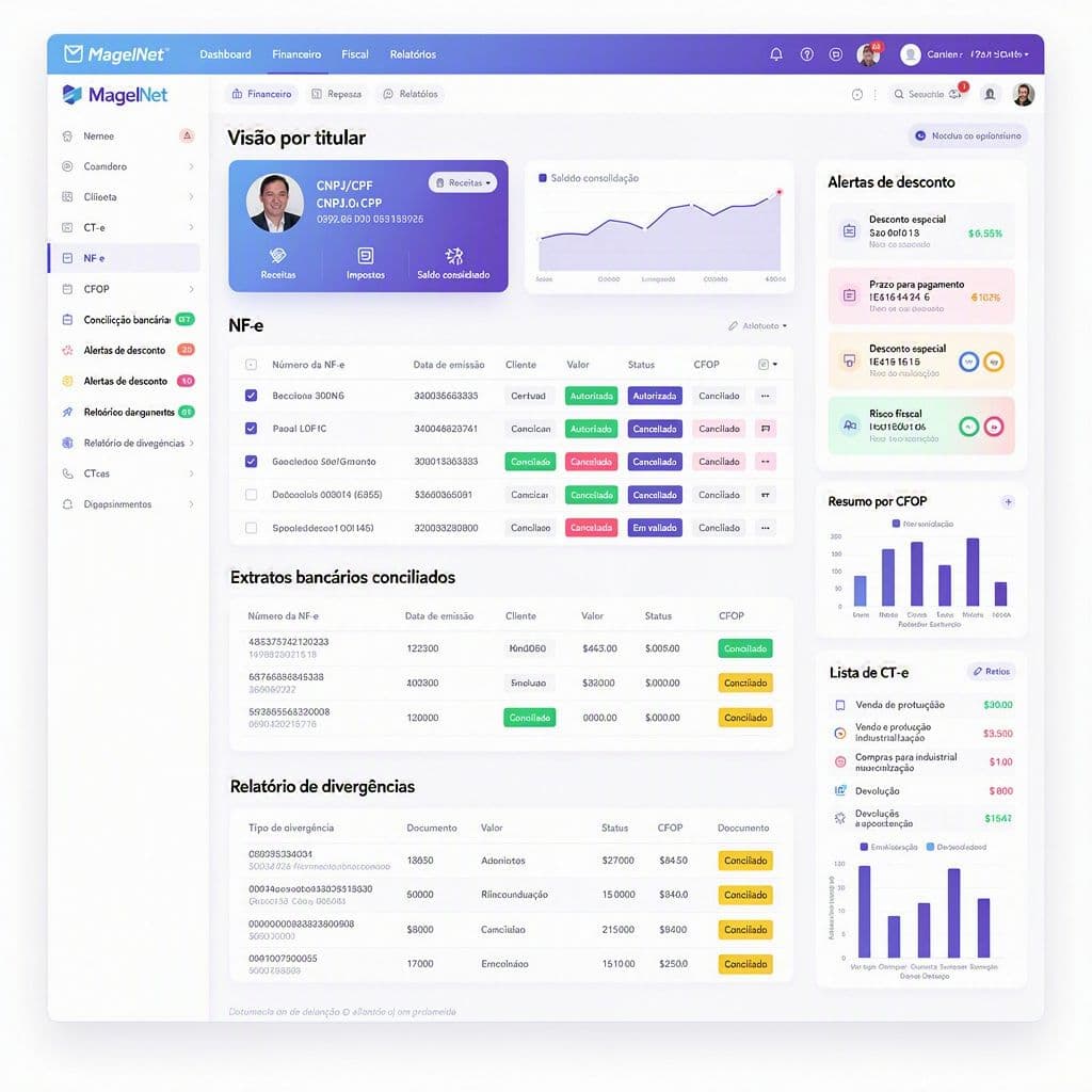 Painel da MagelNet com conciliação automática por titular e alertas de discrepância