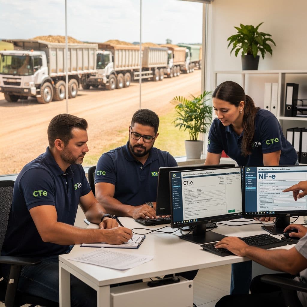 Equipe rural conferindo CT-e e NF-e para liberar carga de insumos.