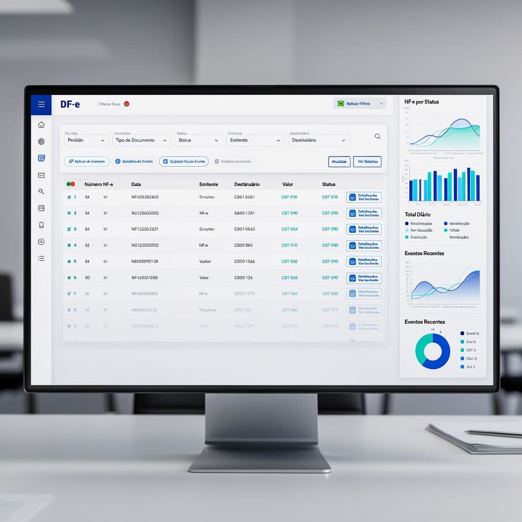Painel de DF-e com eventos, CST e filtros fiscais