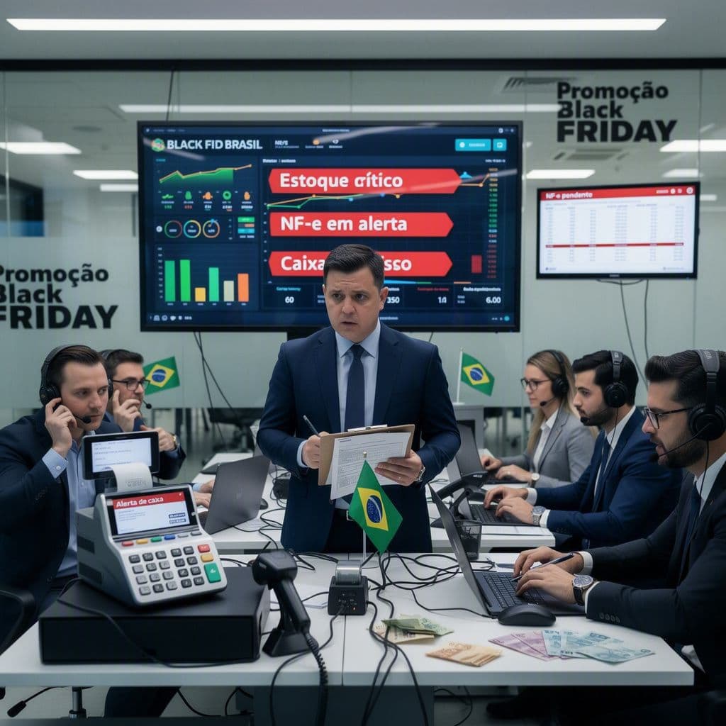 Painel de operação varejista com alertas de NF-e, estoque e caixa durante pico sazonal