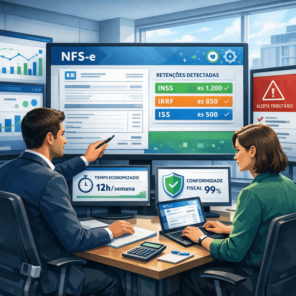 Dashboard com IA calculando retenções automáticas em NFS-e para gestores financeiros e contadores