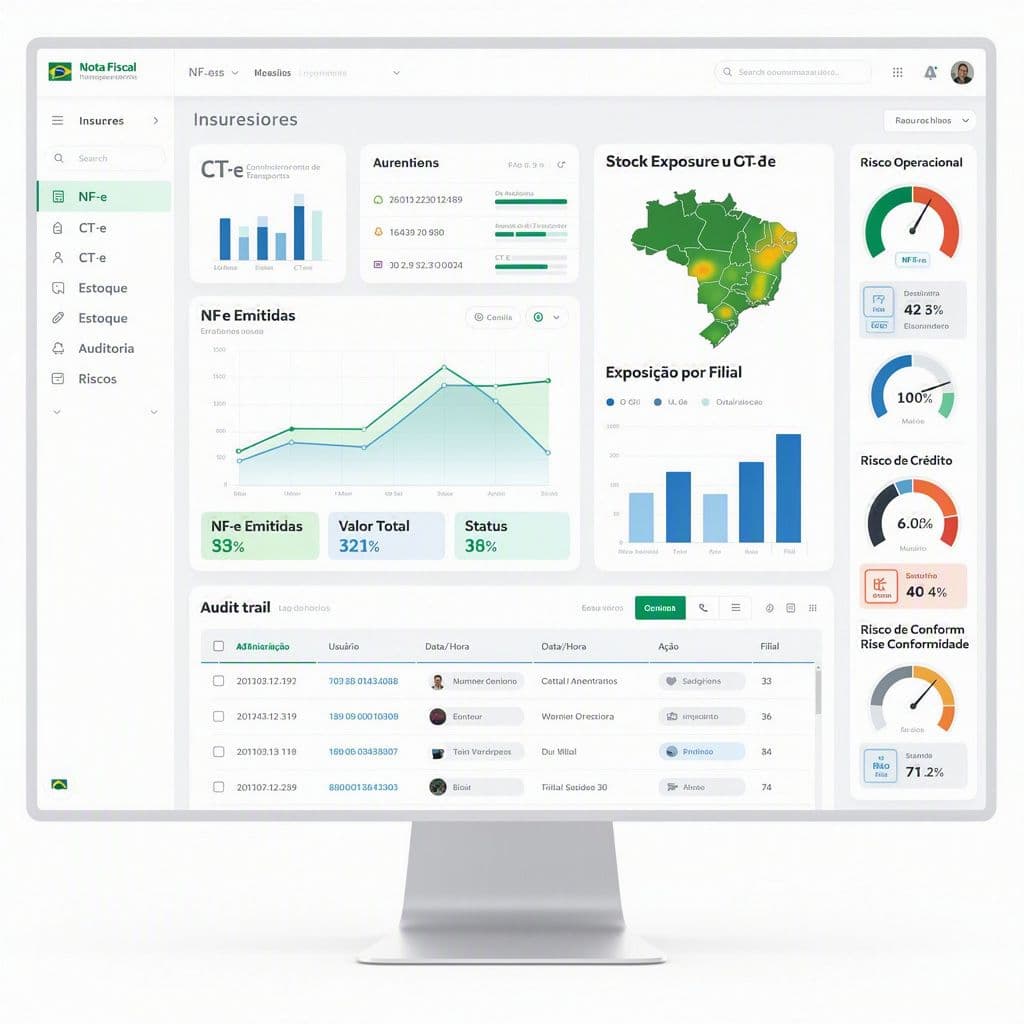 Dashboard corporativo com NF-e, CT-e e exposição de estoque por local