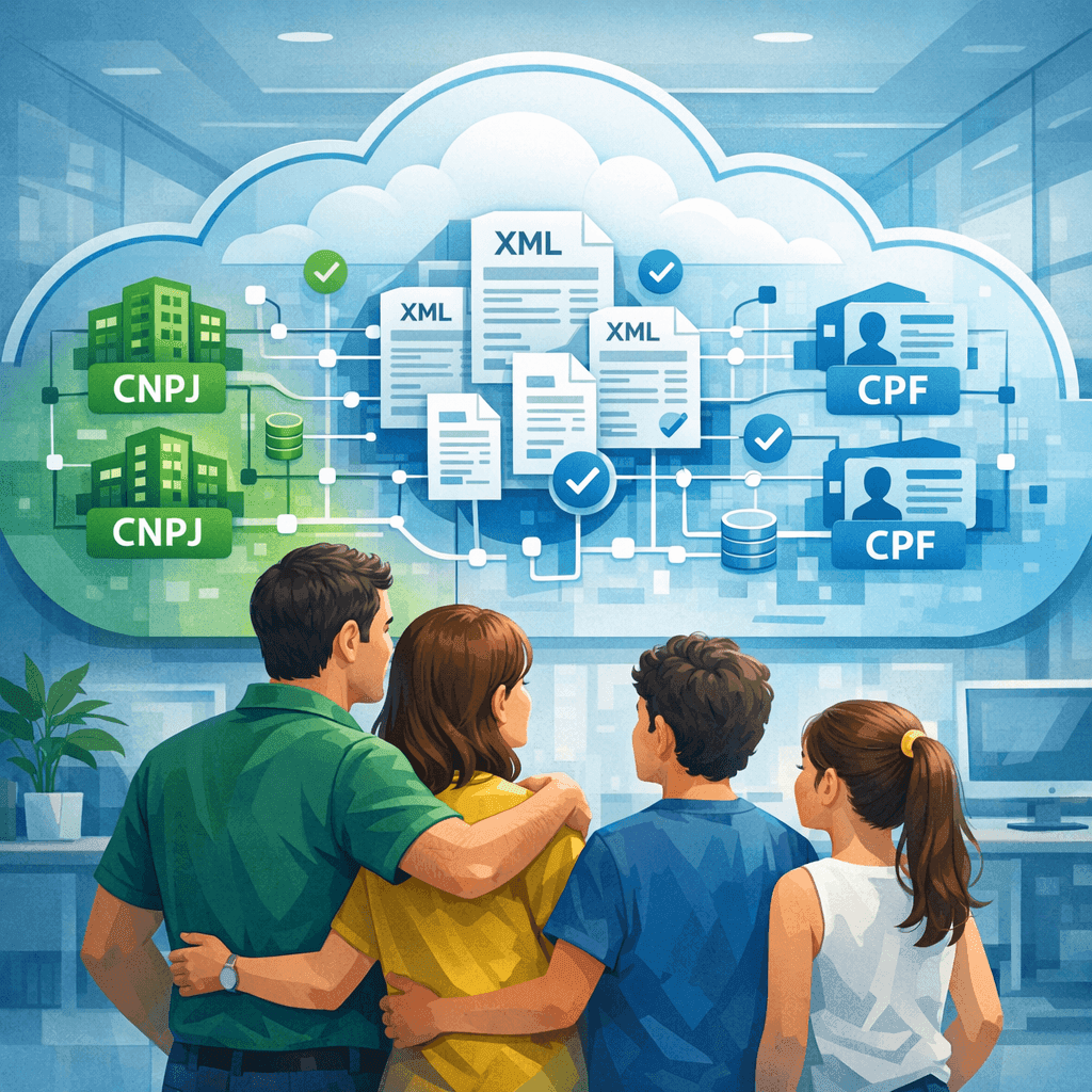 Família empresária usando painel único para centralizar XMLs de vários CNPJs e CPFs