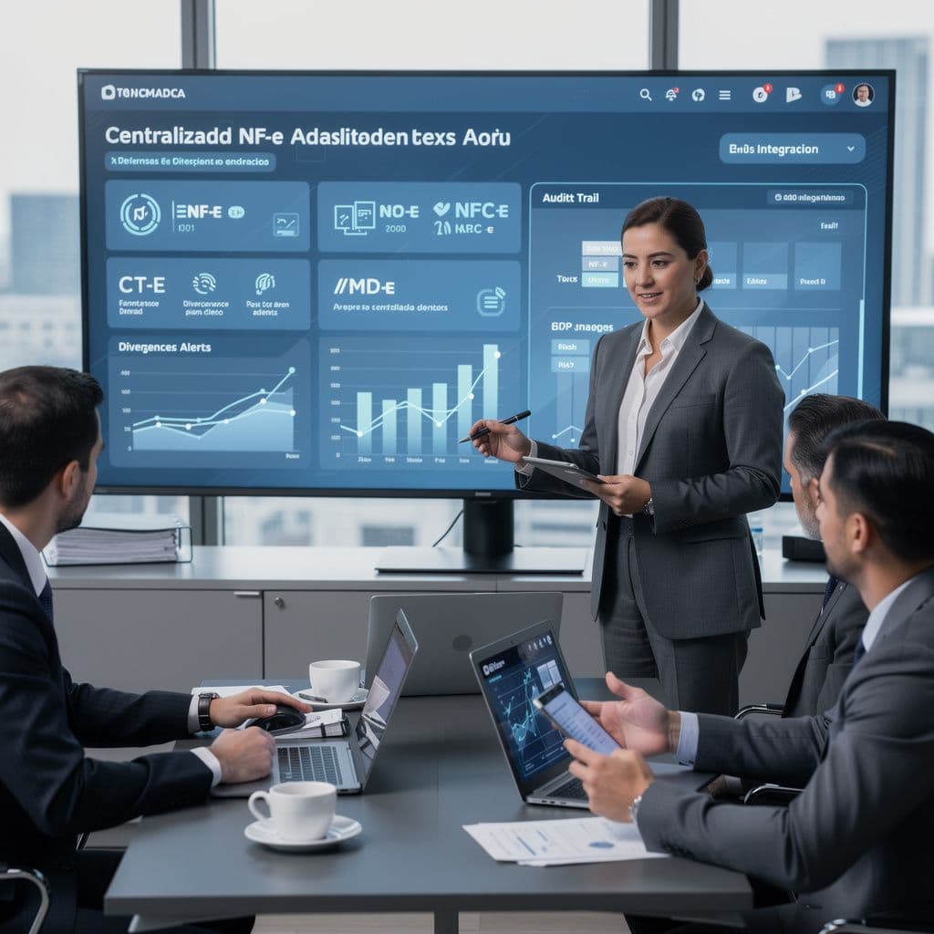 Auditores analisando dashboard de auditoria fiscal digital com documentos fiscais eletrônicos centralizados