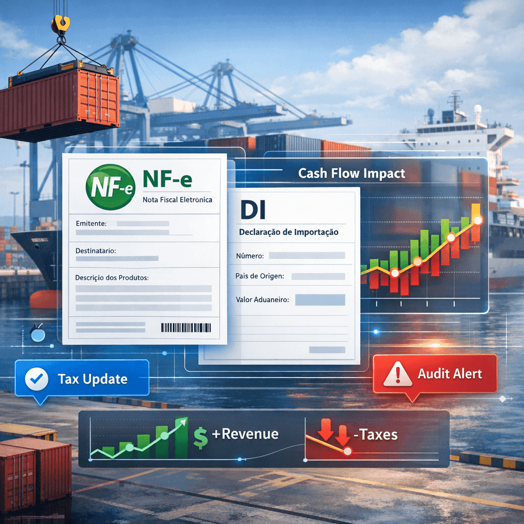 Ilustração de NF-e de importação com documentos aduaneiros, alertas fiscais e impacto financeiro no caixa.