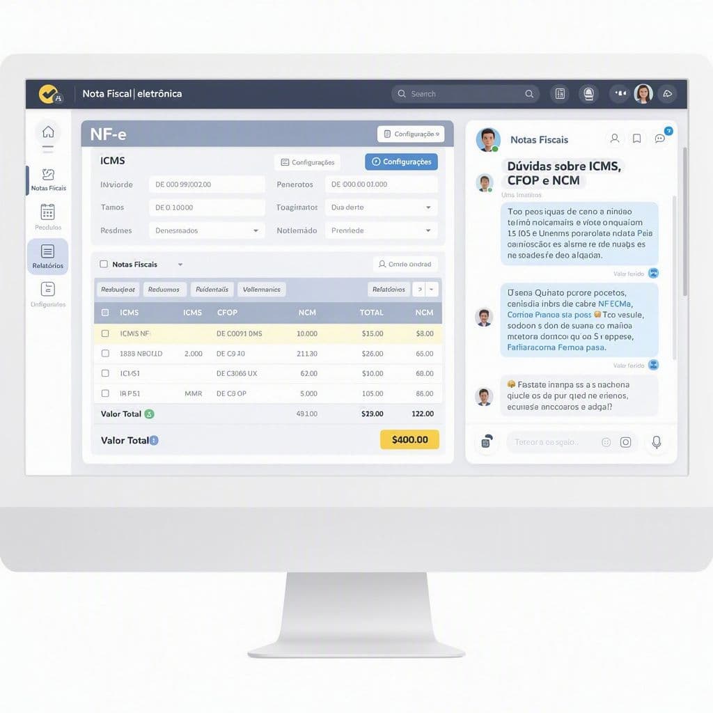 Tela de chat exibindo perguntas sobre ICMS e CFOP com respostas baseadas em uma NF-e