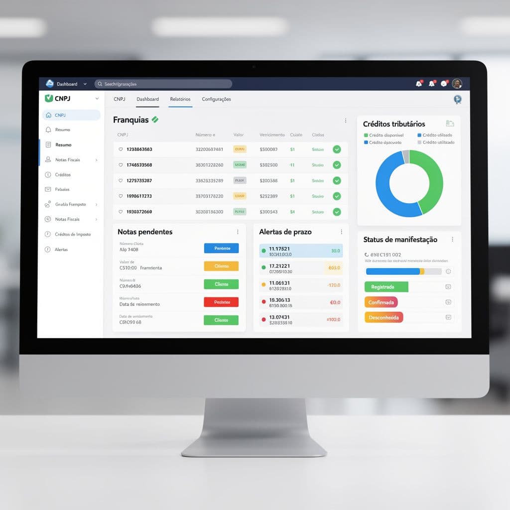 Dashboard fiscal com múltiplos CNPJs e alertas de NF-e pendentes
