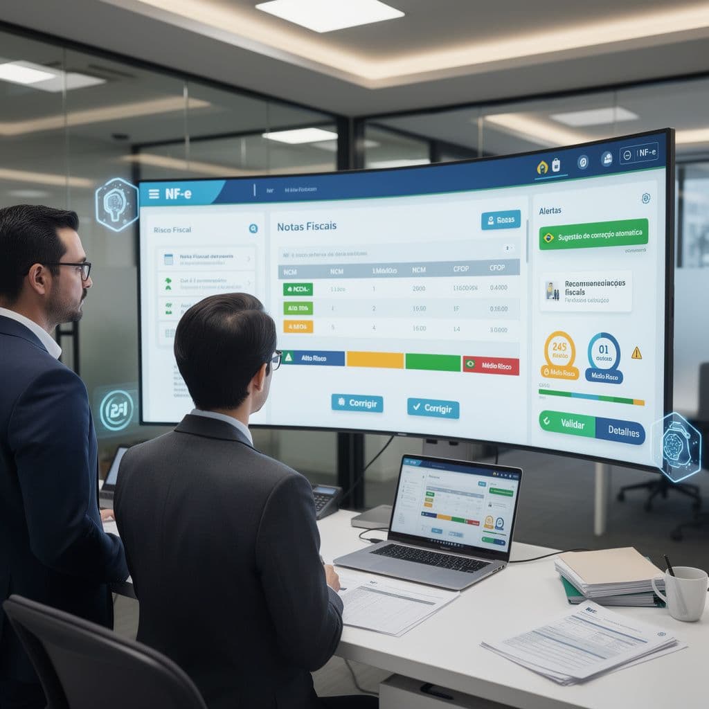 Dashboard fiscal com inteligência artificial apontando divergências de NCM e CFOP