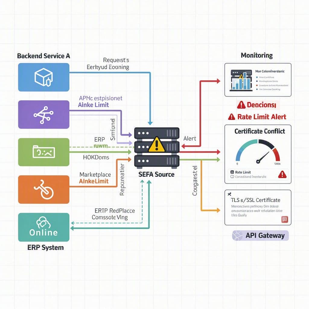 Diagrama de gargalo fiscal com vários sistemas disputando a mesma origem de dados