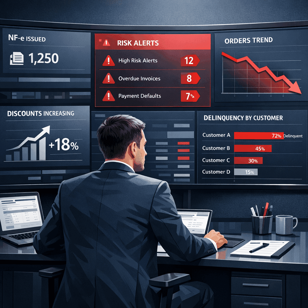 Gestor de crédito analisando dashboard de NF-e com alertas de risco de inadimplência por cliente