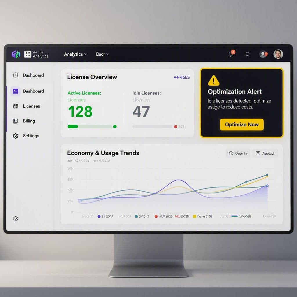 Painel financeiro mostrando redução de custos em software recorrente
