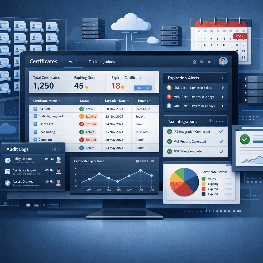 Dashboard de gestão multi-tenant de certificados digitais com alertas de expiração e integrações fiscais