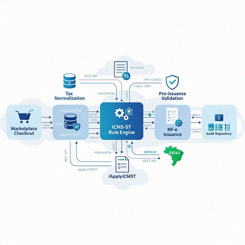 Fluxo visual de API fiscal com etapas de validação pré-emissão e auditoria