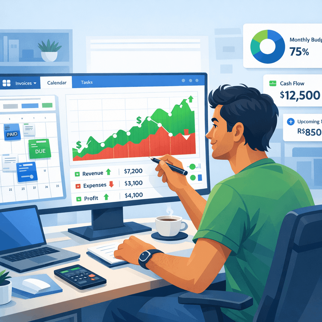 Freelancer analisando notas fiscais para prever oscilações de renda