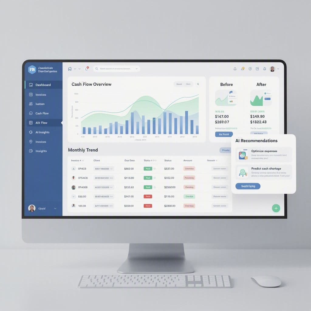 Tela de dashboard financeiro mostrando fluxo de caixa, notas fiscais e projeções de cenários