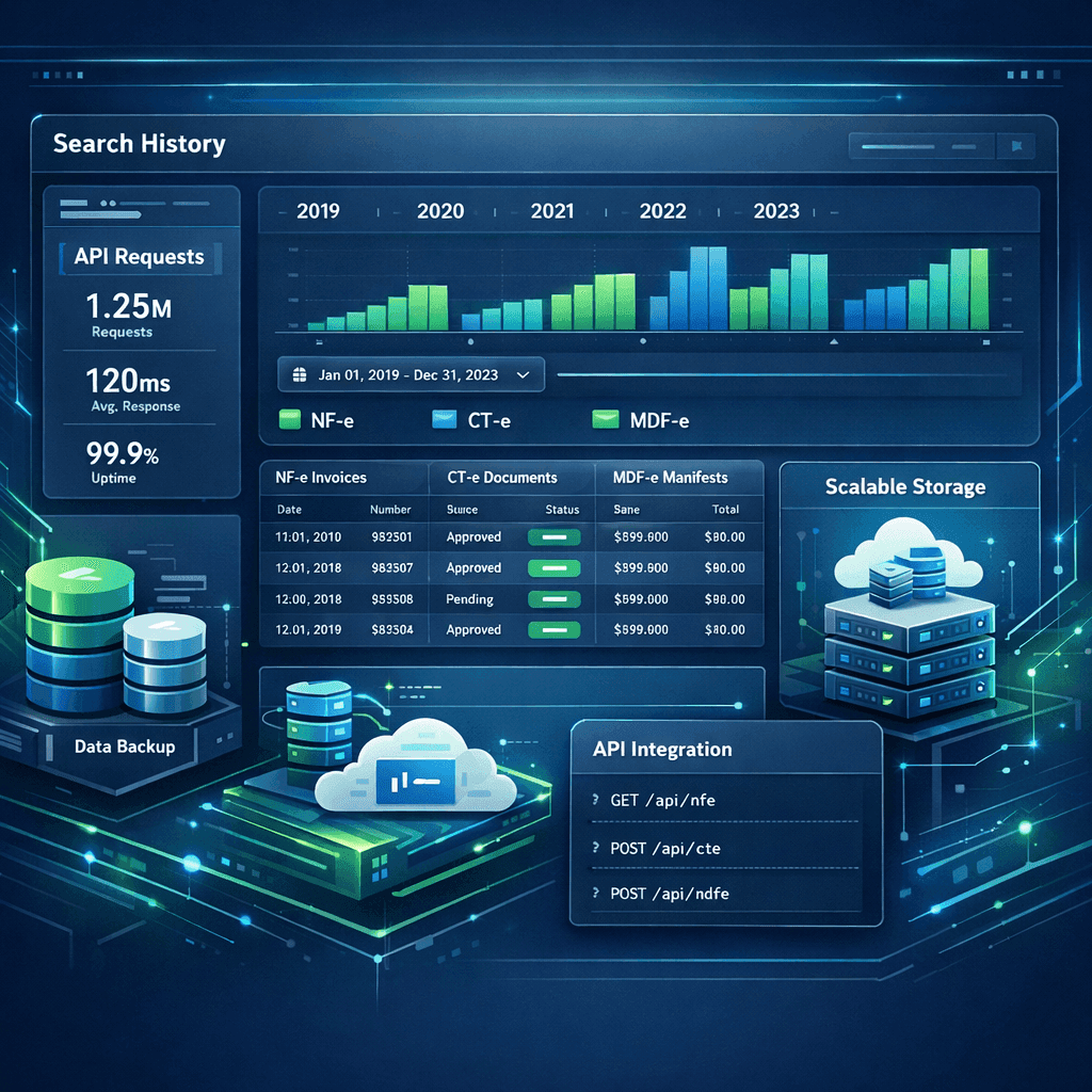 Dashboard de API fiscal com histórico ilimitado de NF-e, CT-e e MDF-e
