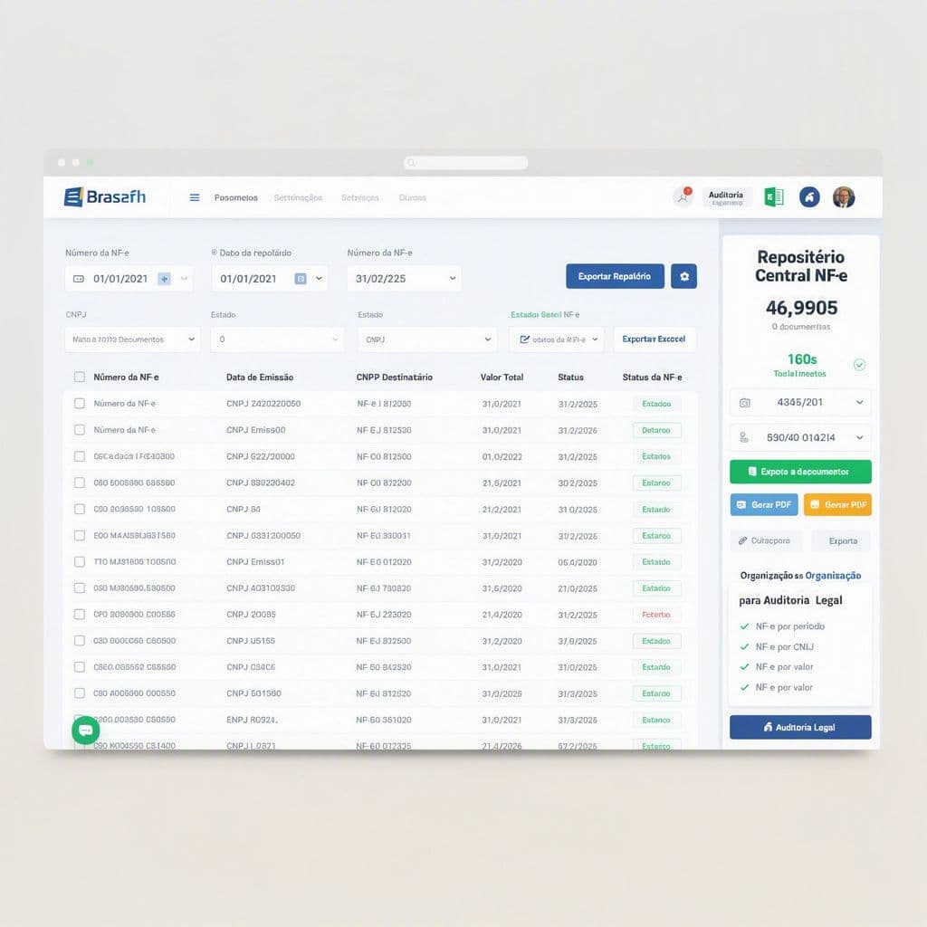 Painel fiscal centralizado com filtros e histórico amplo de XMLs para uso jurídico.