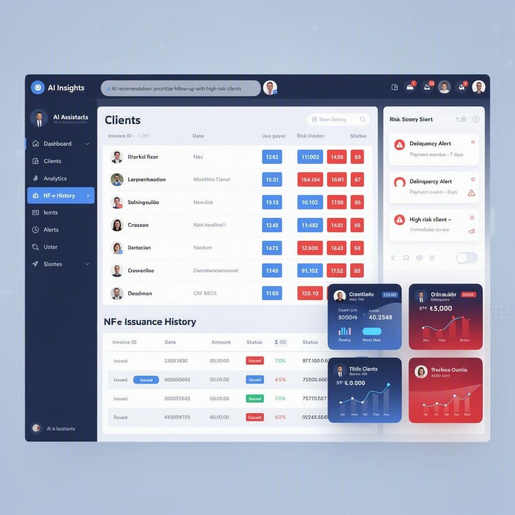 Dashboard financeiro com alertas de inadimplência por cliente