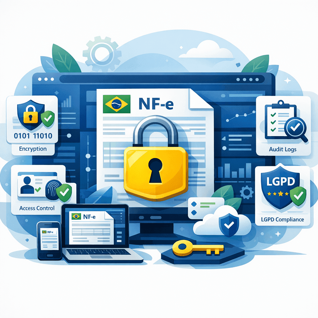 Painel de notas fiscais digitais com cadeado, controle de acesso e monitoramento de segurança