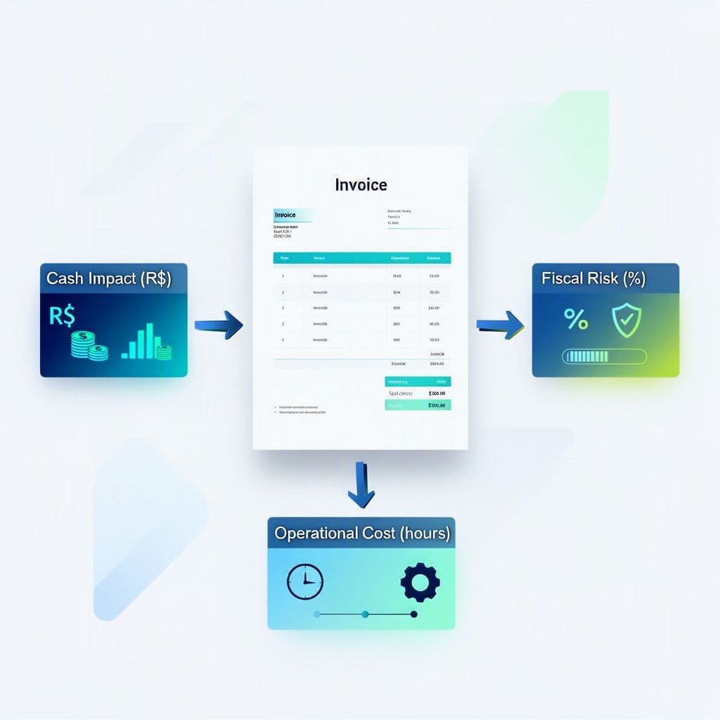 Fluxo visual conectando nota fiscal, caixa, risco fiscal e operação
