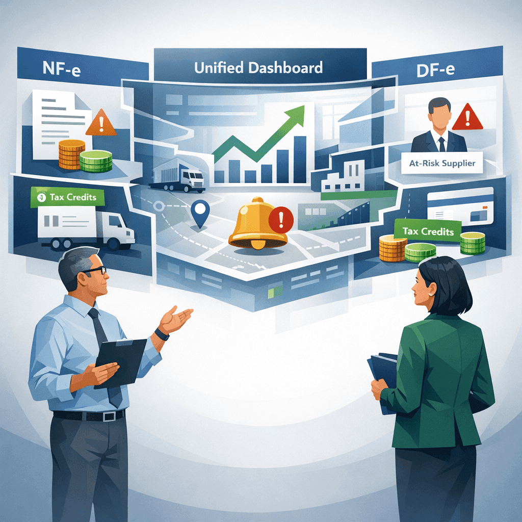 Dashboard unificado de NF-e, CT-e e DF-e revelando caixa real, créditos pendentes e riscos fiscais para PMEs