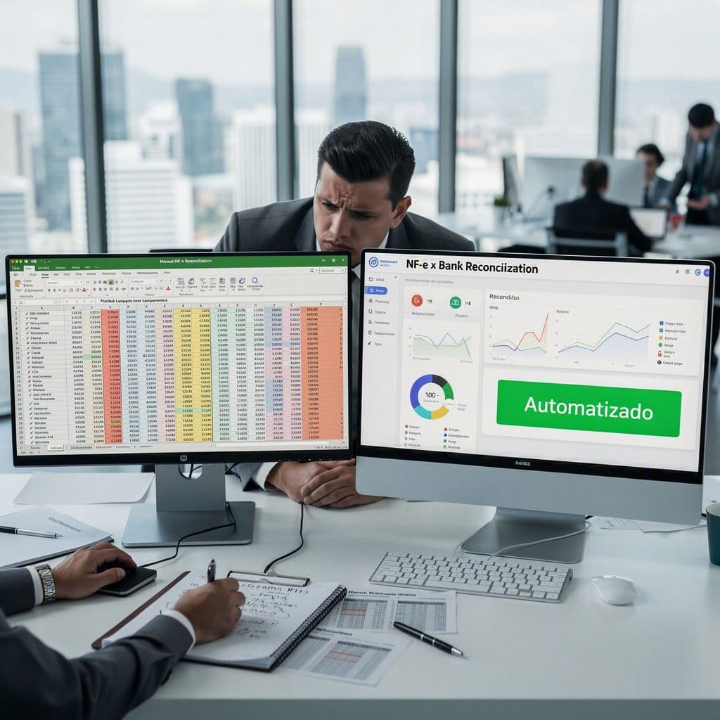 Analista financeiro comparando planilha com painel automatizado de NF-e e extrato