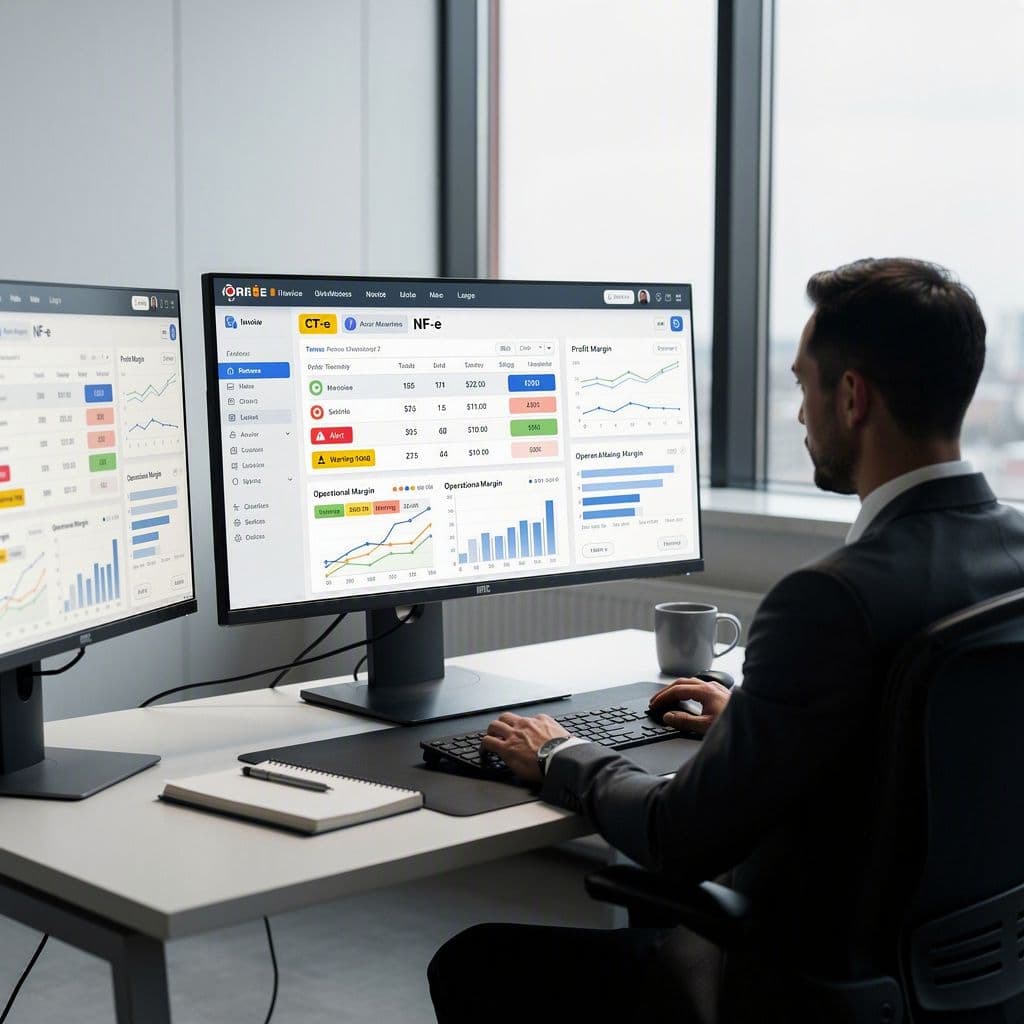 Gestor financeiro analisando CT-e e NF-e em um painel com alertas de divergência